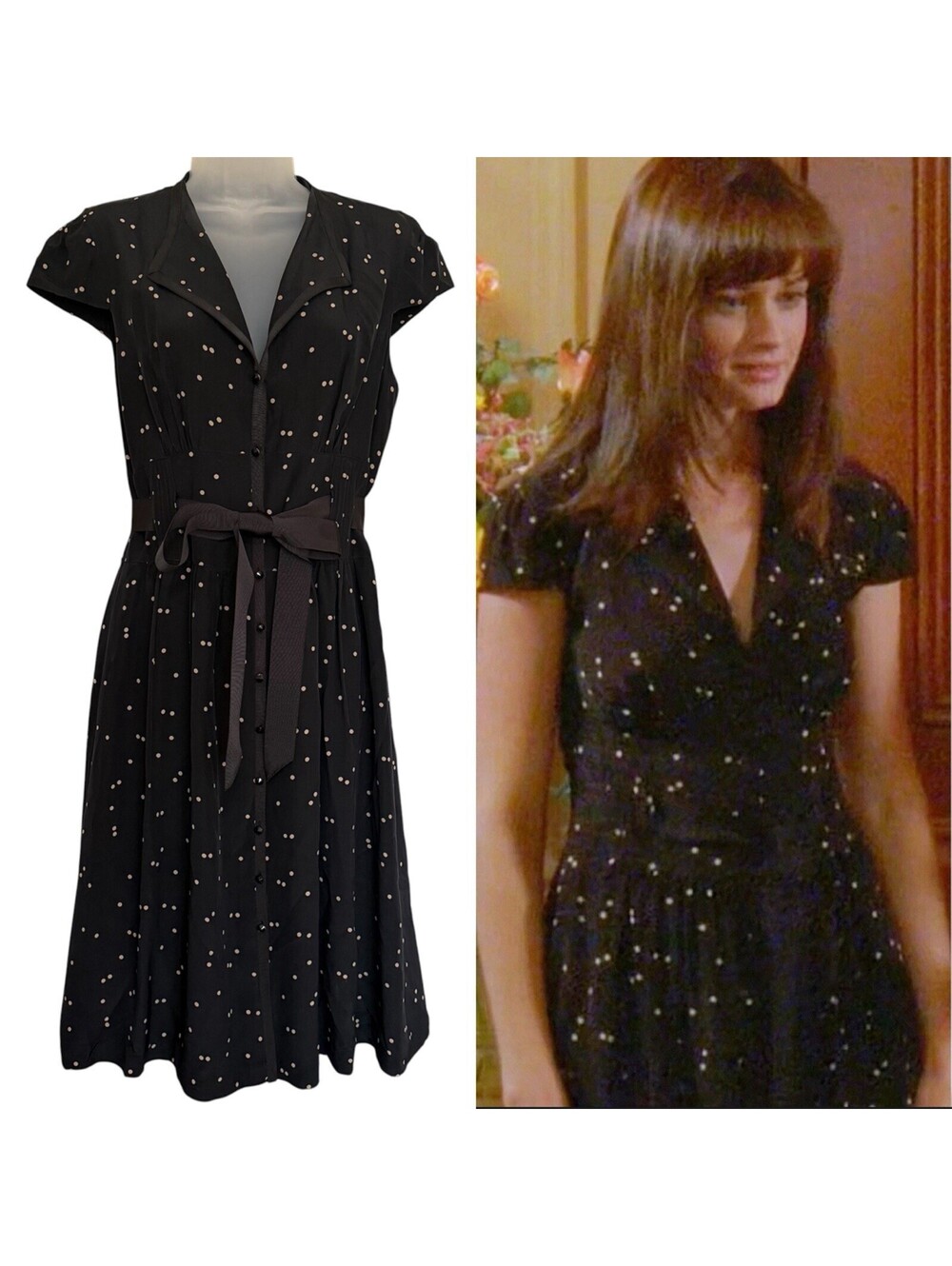 Rare ASO Rory Gilmore on Gilmore Girls Kay Unger Polka Dot Dress Bow Buttons 8